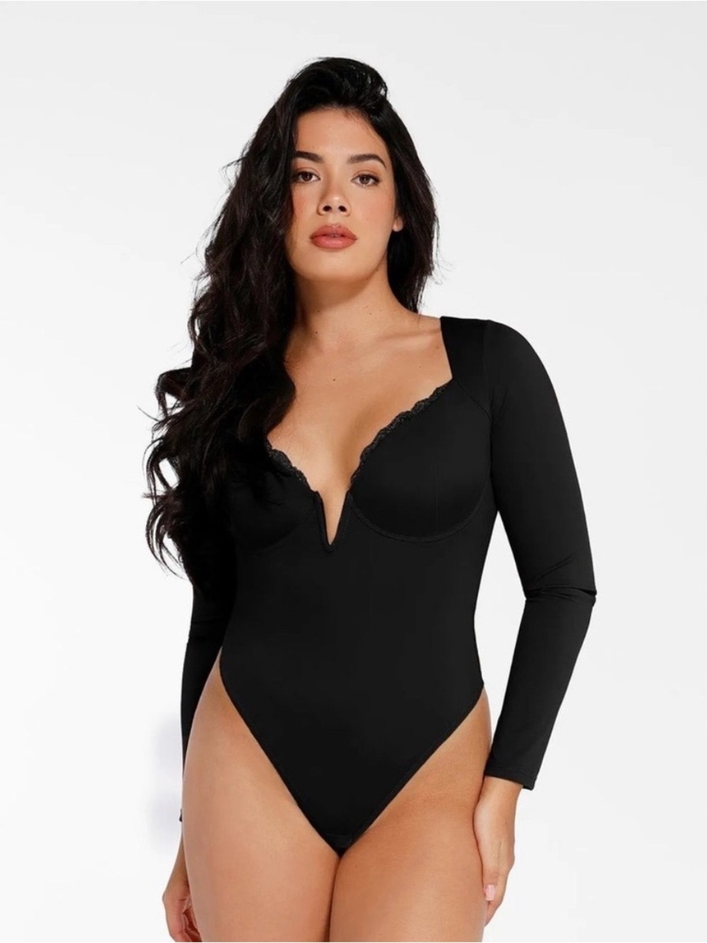 Popilush Shapewear Bodysuit Long Sleeve V Neck Lace Trim Size Small